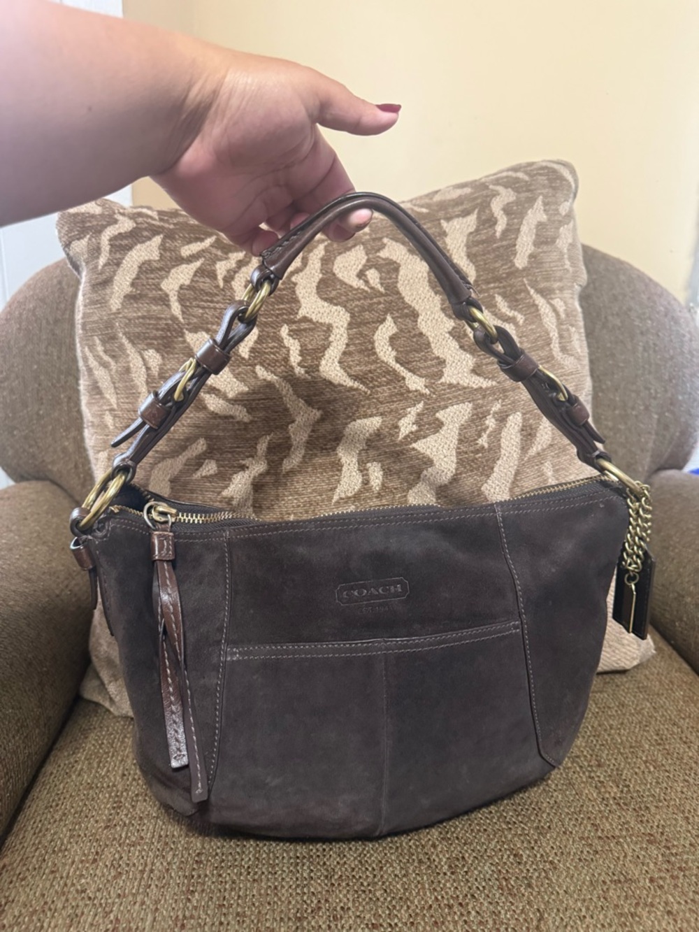 Coach Dark Brown Suede Hobo with Chain-Link Strap